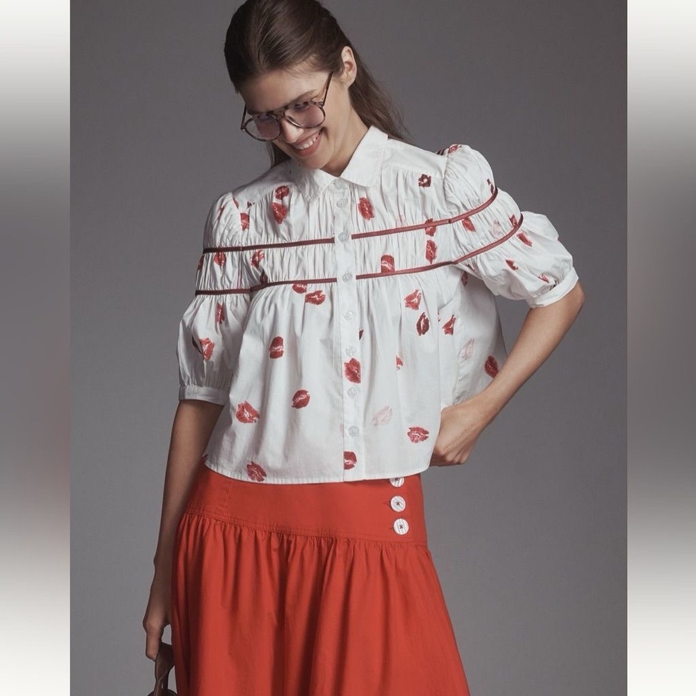 Anthropologie The Leandra Shirred Yoke Ivory Kisses by Maeve